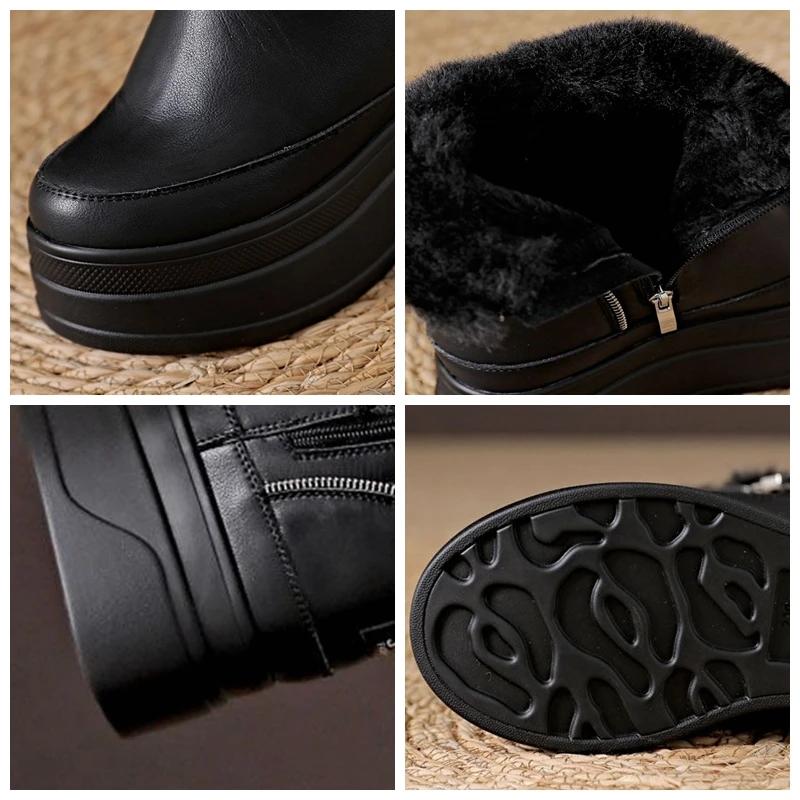 Fashion 12cm Winter Platform Wedge Boots High Heels Plush Moccasins Spring Autumn Women Shoes Booties Genuine Leather Ankle Snow