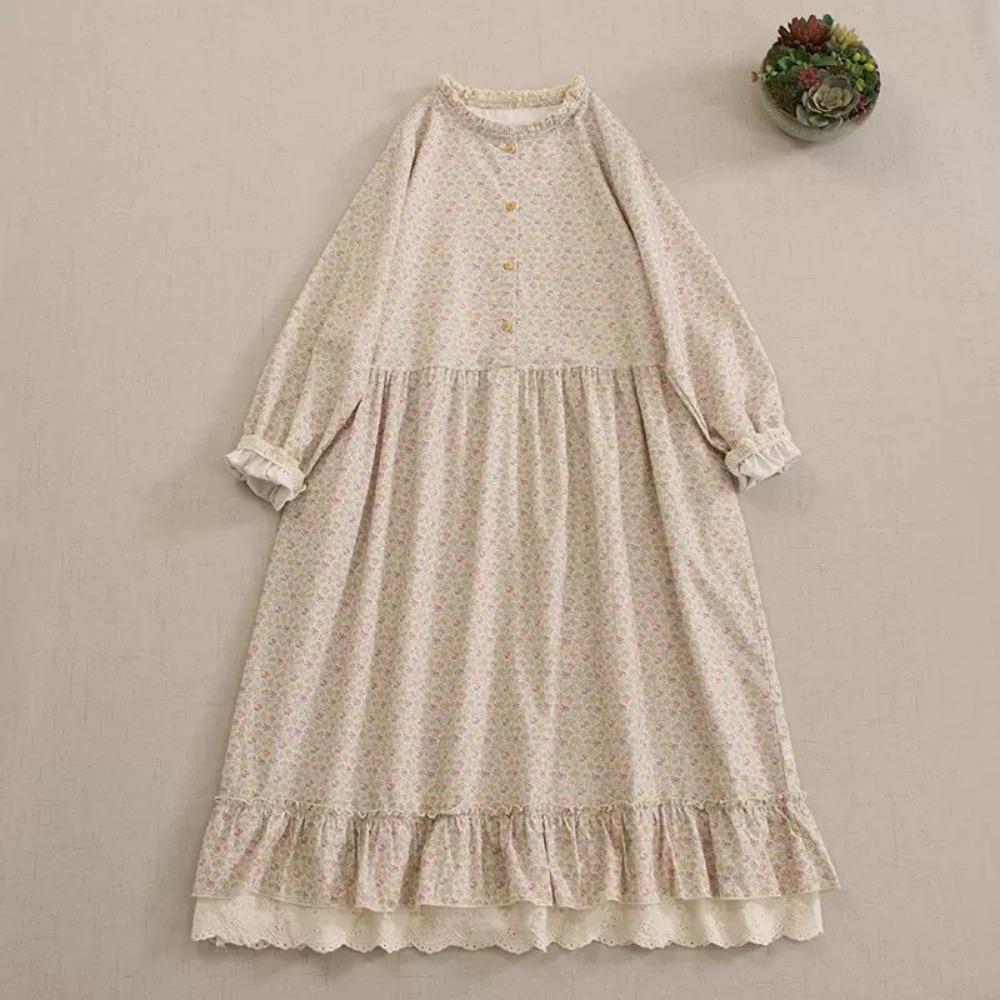 Японское платье с принтом Mori Girl Art, красивое весеннее женское платье из хлопка и льна, новое цветочное платье, свободное платье с длинными рукавами, платье-миди