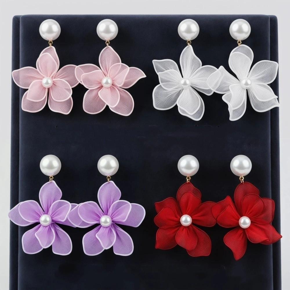 Pearl Beach Earrings Sweet Petals Stud Earrings Exquisite Mesh Flower Dangle Earrings Ladies/Girls