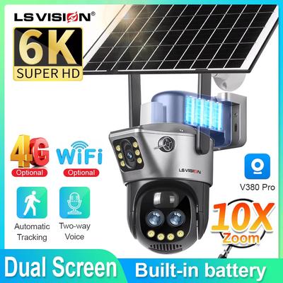 LS VISION Солнечная камера с двумя экранами, 10-кратным зумом, 4G SIM, для безопасности, уличная, слежение за гуманоидами, цветное ночное видение, PTZ, IP66