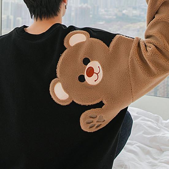 Мужская толстовка с напуском и вышивкой медведя, свободная флокированная студенческая толстовка