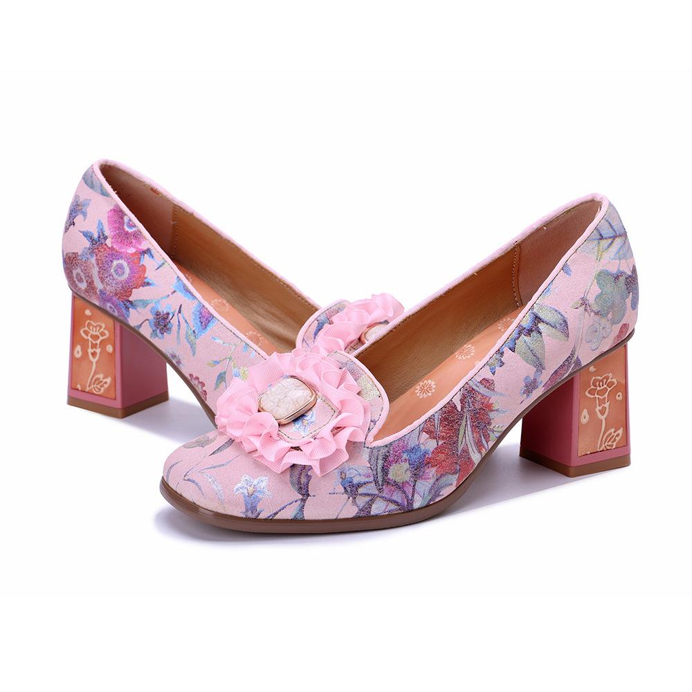 Johnature Туфли-лодочки из натуральной кожи с цветочным принтом в стиле ретро-кантри на толстом каблуке, удобные высокие каблуки
