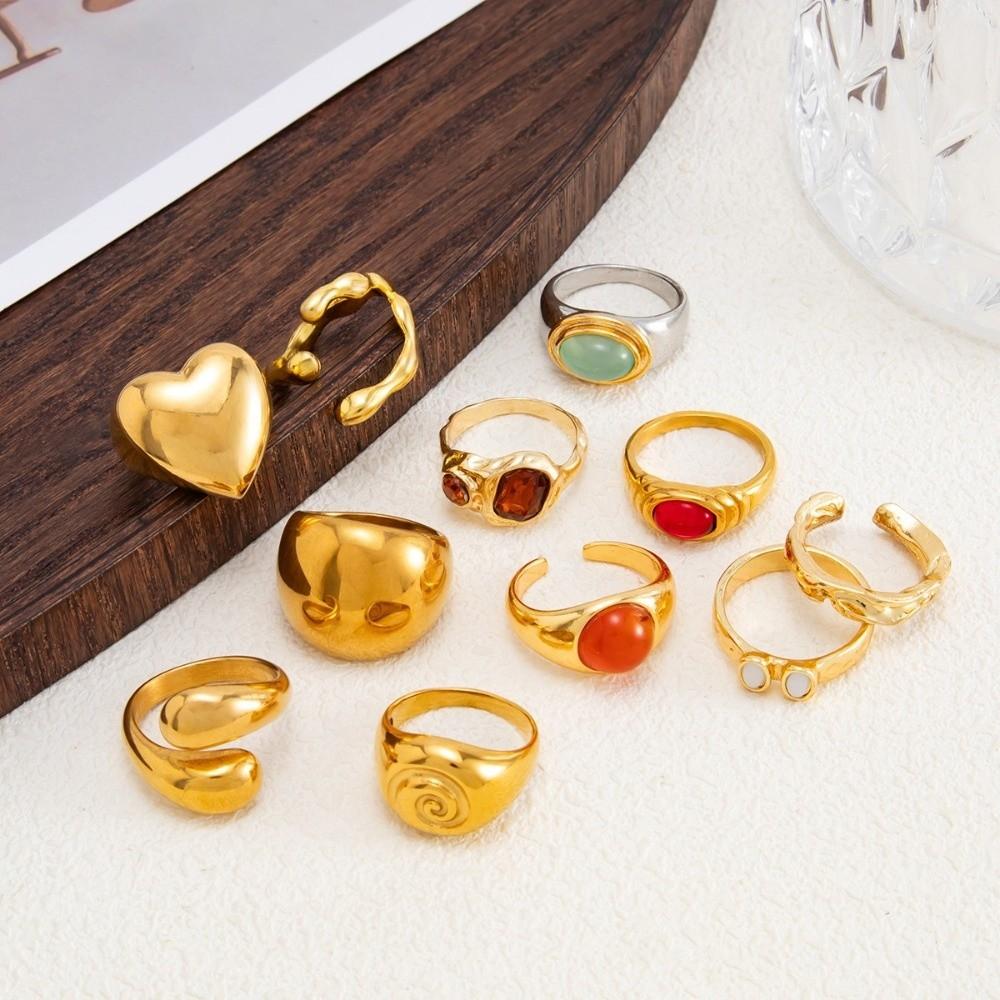 11Pcs/Set Gold Tone Open Band Ring Color Gem Inlay Finger Jewelry Heart Shape Ring Stack Match