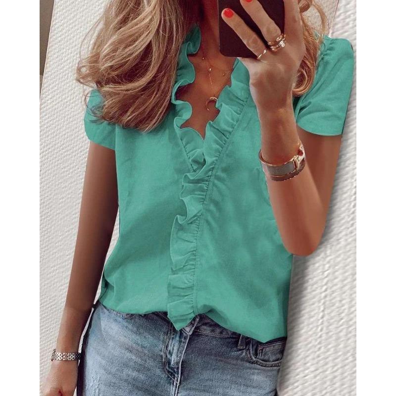 YYFS Women's Fashion Casual Summer Spring Solid Color Print Short Sleeve V-Neck Blouses & Shirts