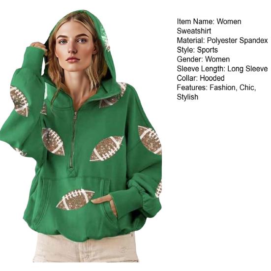 Женская толстовка с капюшоном, худи оверсайз на молнии до середины, с принтом регби с пайетками, осенний повседневный пуловер с карманами