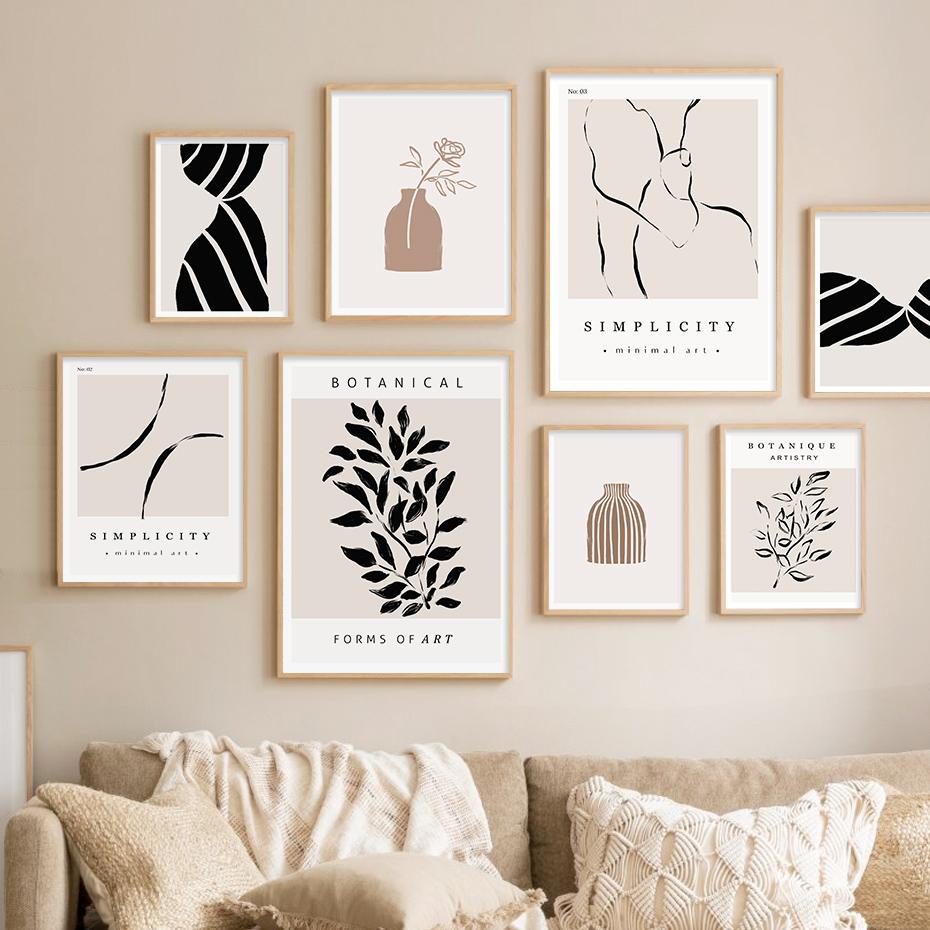 Бохо Абстрактные Линии Ботанические Листья Простота Постеры Холст Живопись Настенное Искусство Принт Картины Гостиная Интерьер Домашний Декор