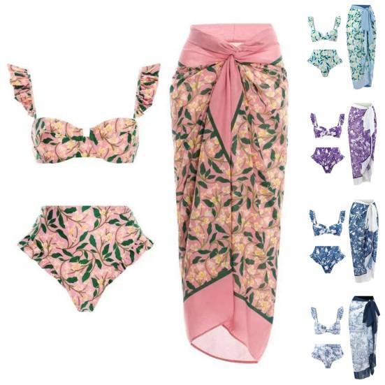 3 шт./компл. женское бикини с пляжной юбкой-прикрытием в богемном стиле, бюстгальтер-бандо с рюшами и рукавами, высокая талия