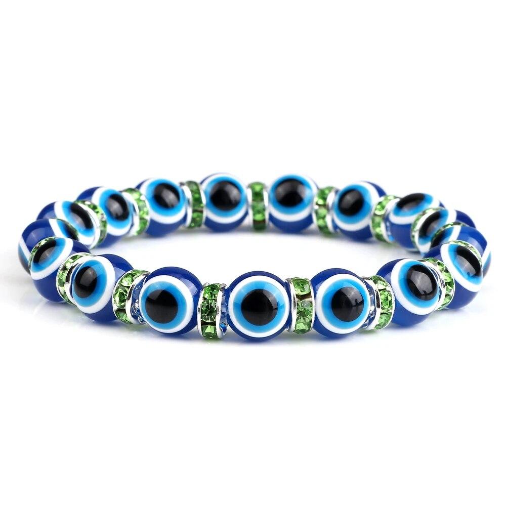 10mm Lucky Blue Evil Eye Bracelet Palm Butterfly Owl Elephant Pendant Charm Crystal Resin Beaded Bracelets for Women Men Jewelry