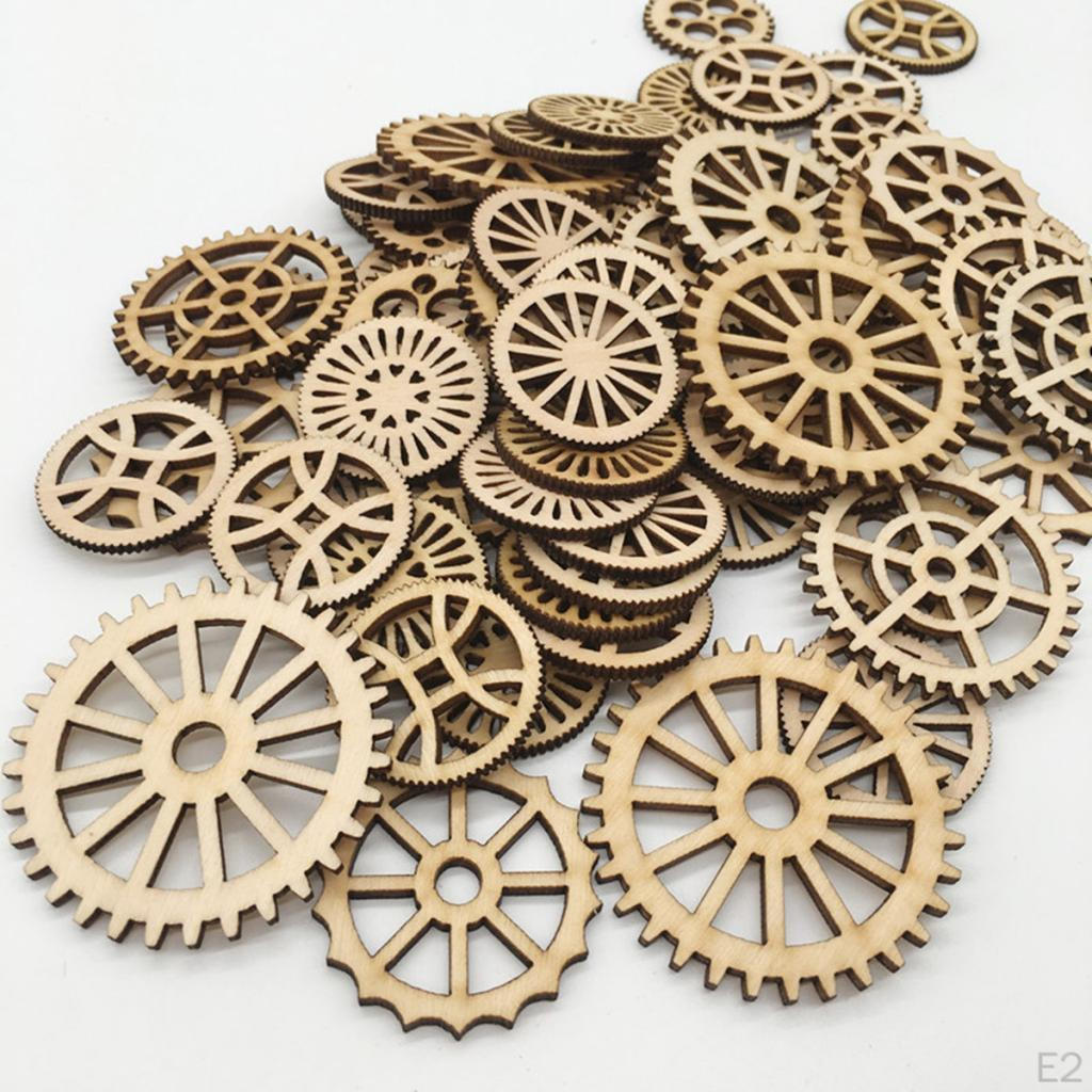 100x Mixed Size Unfinished Wood Gear Embellishments for Diy Decoration