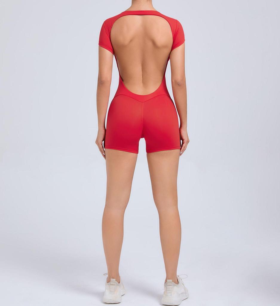 European & American Backless Peach Hip Tight Yoga One-Piece - Short Sleeve for Dance, Fitness & Sports