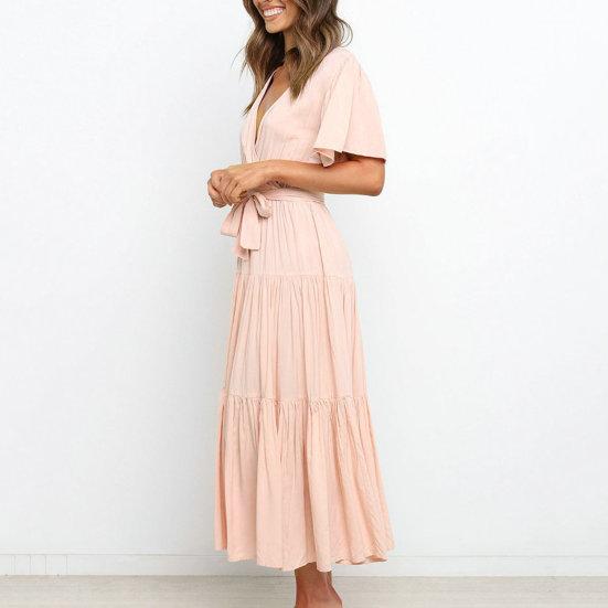 Женское летнее платье миди с v-образным вырезом и короткими рукавами, пояс с высокой талией и рюшами, однотонное платье трапециевидной формы, уличная одежда