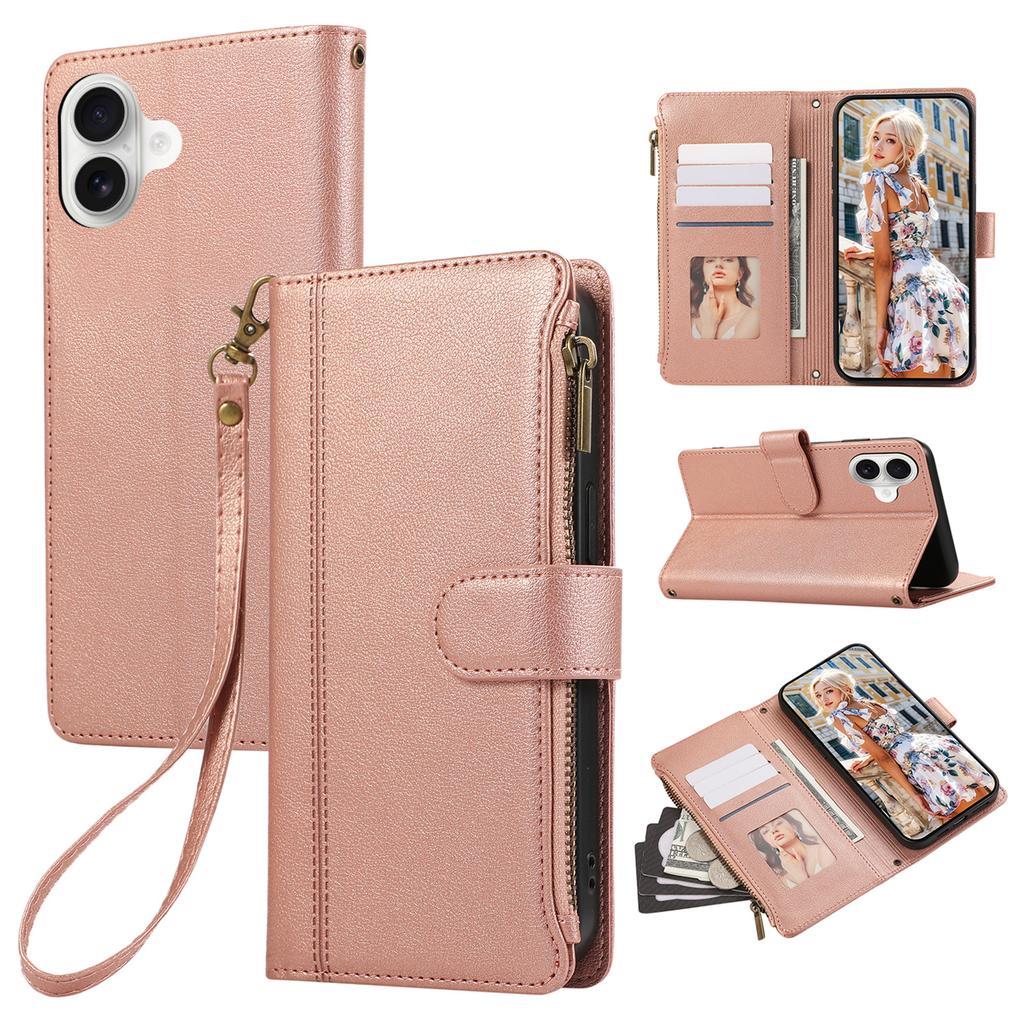 For iPhone 17 Case Multi Card Slots Zipper Leather Phone Cover with Wrist Strap