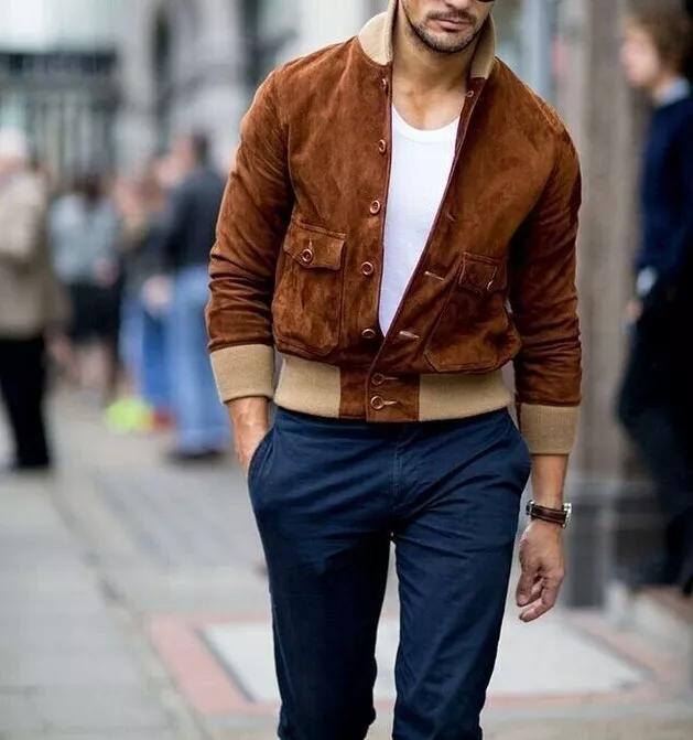 Real Hot Brown Handmade Biker Motorcycle Coat Casual Party Men Soft Suede Jacket