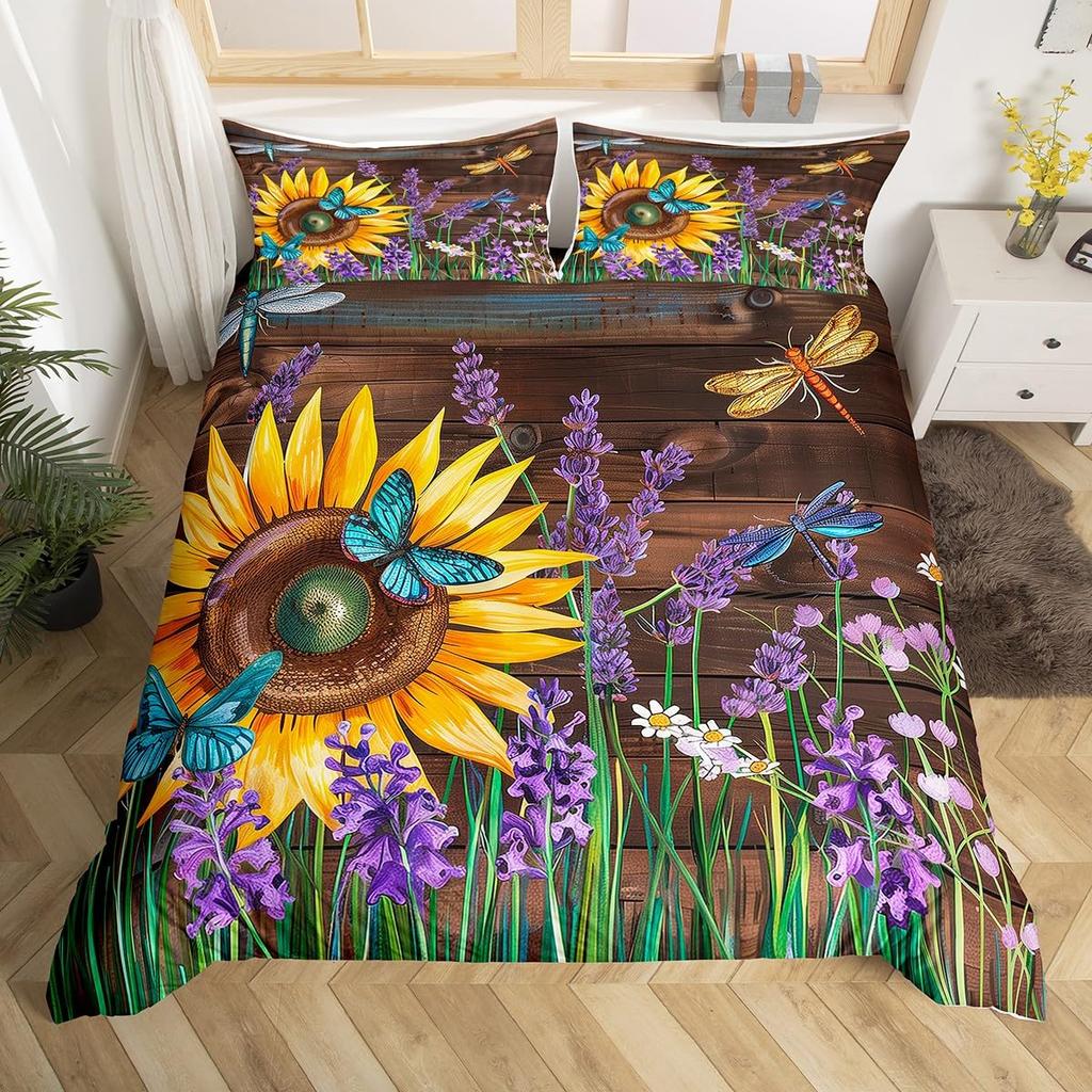 Dragonfly Duvet Cover Queen Botanical Floral Comforter Cover Vintage Style Sunflower Bedding Set Natural Pastoral Spring Decor
