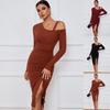 2024 Women's Off-Shoulder Slit Bodycon Dress - Long Sleeve, Sexy Autumn/Winter Style