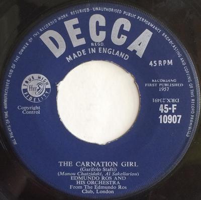 7-дюймовая пластинка EDMUNDO ROS & HIS ORCHESTRA - Melodie D'Amour / The Carnation Girl 45F10907 Decca 1957 UK Джаз Б/У