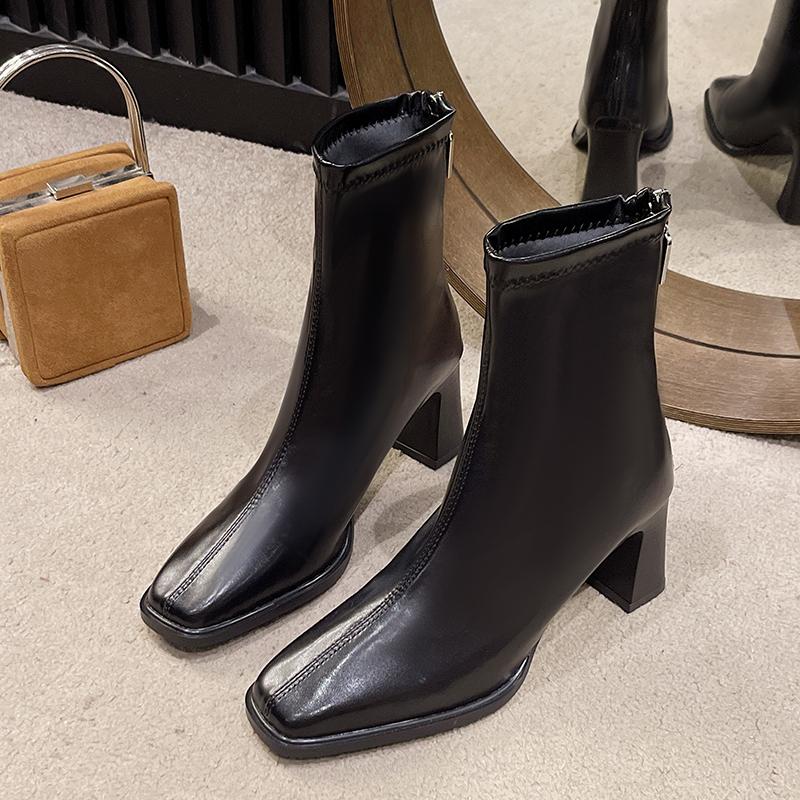 Женские ботильоны на высоком каблуке, сексуальные кожаные туфли с квадратным носком, тренд зимы 2025 года, элегантные офисные туфли, модные туфли-лодочки Botas Mujer