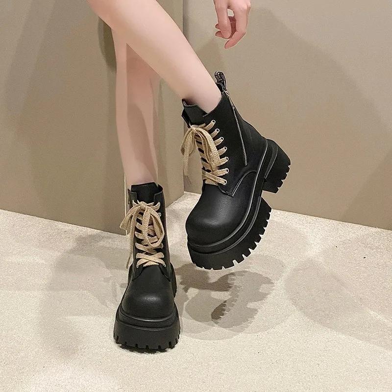 Модные женские ботильоны на толстой подошве 7 см, кожаные мотоциклетные ботинки на платформе, высокие каблуки, ботинки на танкетке, зимняя обувь в стиле панк, женские кроссовки