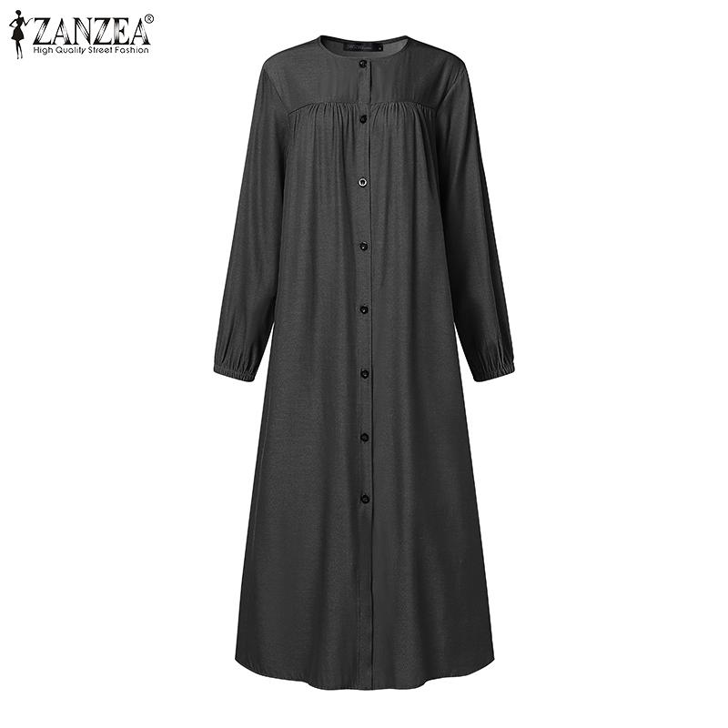 ZANZEA Женское повседневное платье с круглым вырезом и длинным рукавом из синего денима