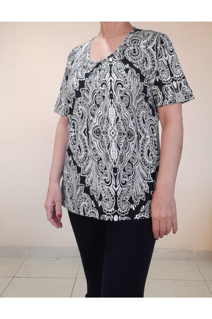 Женская стильная футболка большого размера, черно-белая футболка из чесаной вискозы с узором и присборенным воротником