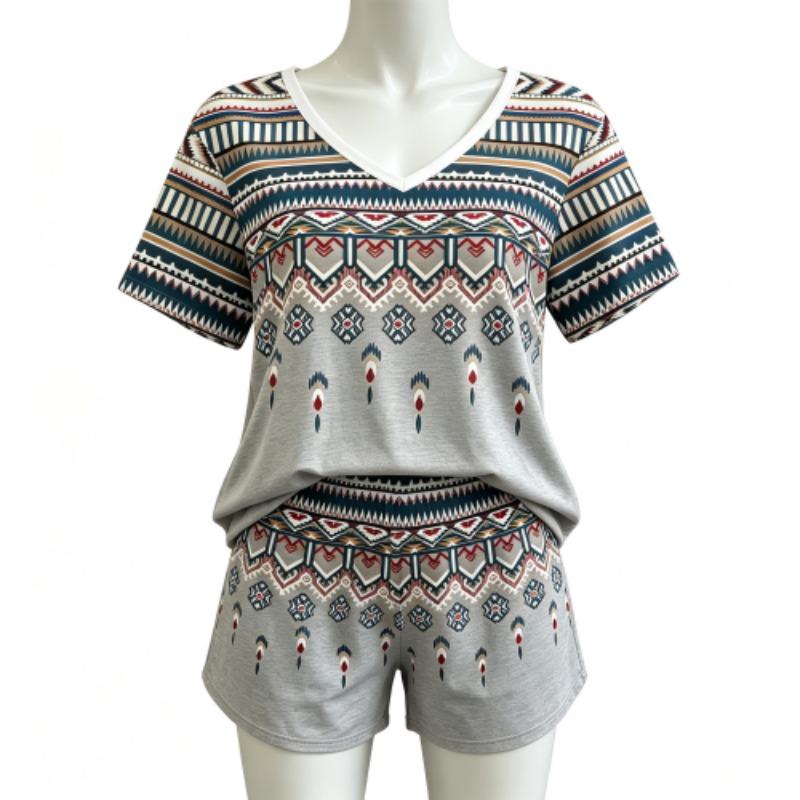 Summer Fashion Ethnic Geometric Patterns Printed V Neck Short Sleeved T-Shirt And Shorts Set Women's and Men's T-shirt Shorts Set