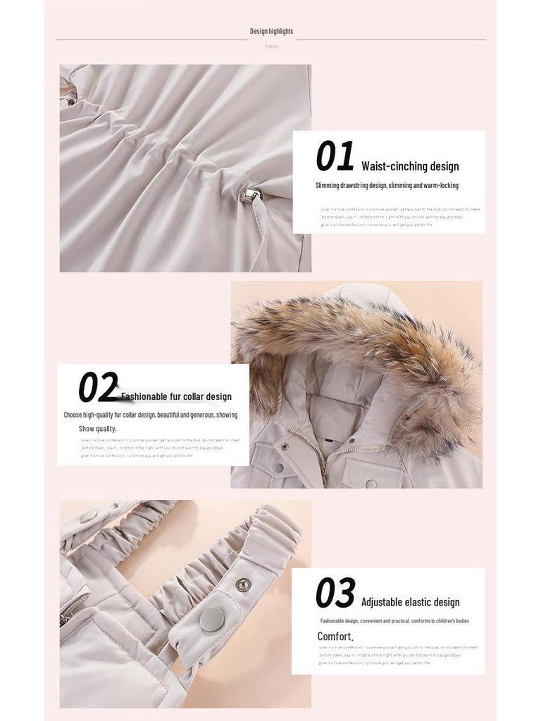 Зимний детский пуховый комплект 2024: Корейский стиль, большой меховой воротник, двухкомпонентный для мальчиков и девочек