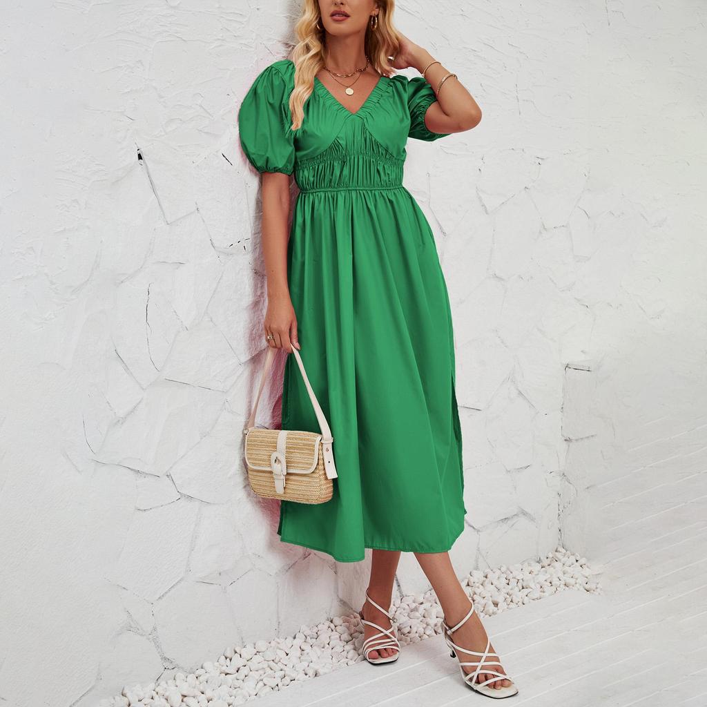 Летнее женское модное однотонное плиссированное платье с коротким рукавом длиной до щиколотки без бретелек