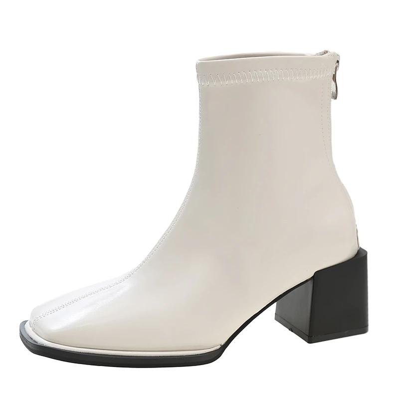 Мода 2024 года, новые осенние женские сапоги из тонкой эластичной кожи с низким бочонком, квадратная застежка-молния сзади, британская мода, короткие сапоги для женщин