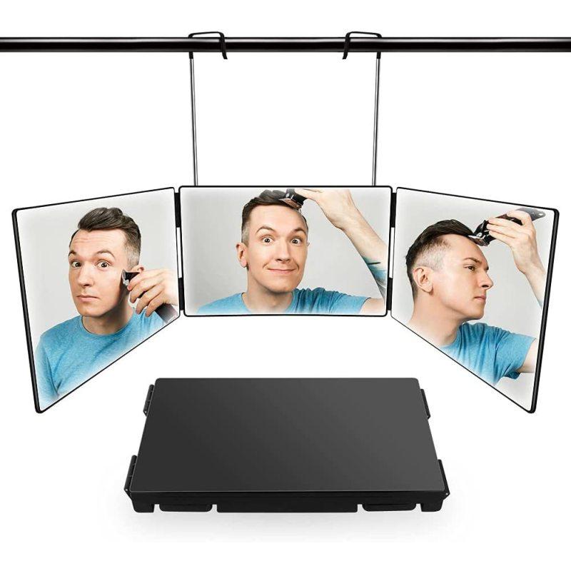 Трехстороннее зеркало для стрижки волос, тройное зеркало на 360 градусов с регулируемыми по высоте телескопическими крючками и светодиодной подсветкой для макияжа и укладки волос