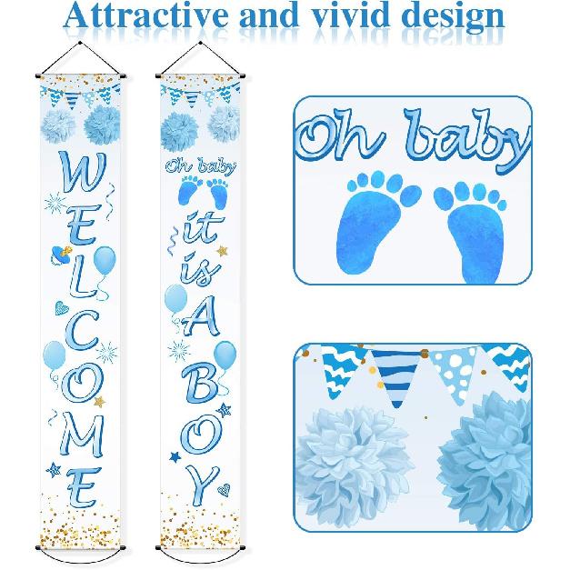 Blulu Baby Shower Decorations 71 x 12 Inch Welcome It Is a Boy Banner Backdrop Background Door Hanging Porch Sign for Baby Shower Gender Reveal Party