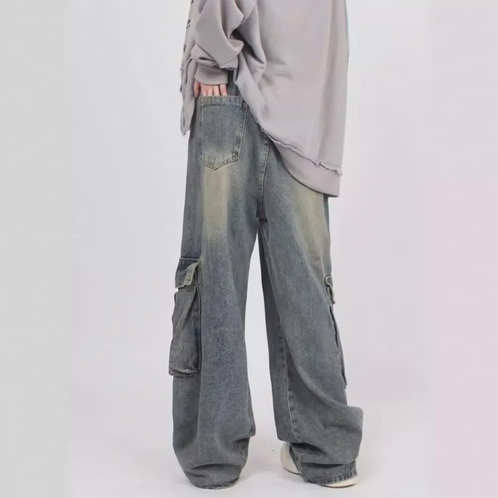 Джинсы унисекс в стиле ретро с потертостями и множеством карманов: Повседневные комбинезоны High Street