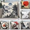 Chinese Ink Painting Style Pillow Case Plush Fabric Soft Double Sided Print Home Sofa High Quality Cushion Cover Throw