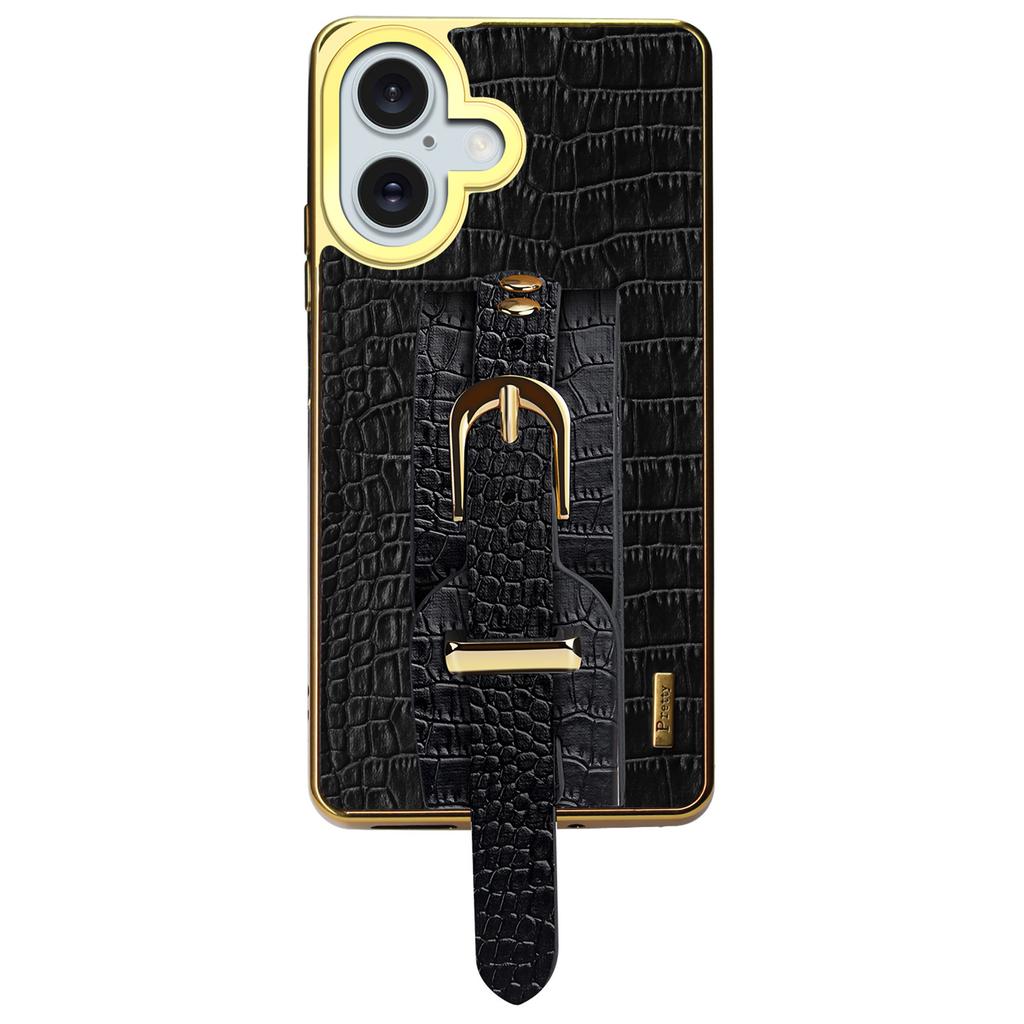 For iPhone 16 Case Crocodile Texture PU Leather+TPU Electroplating Phone Cover Wristband Kickstand - White