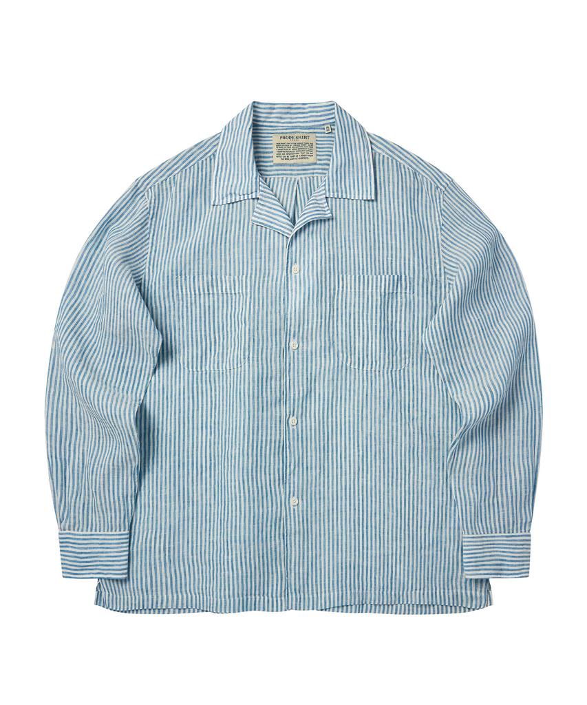 PRODESHIRT [Полуоверсайз] Кубинская льняная рубашка с открытым воротником (Синяя полоса)