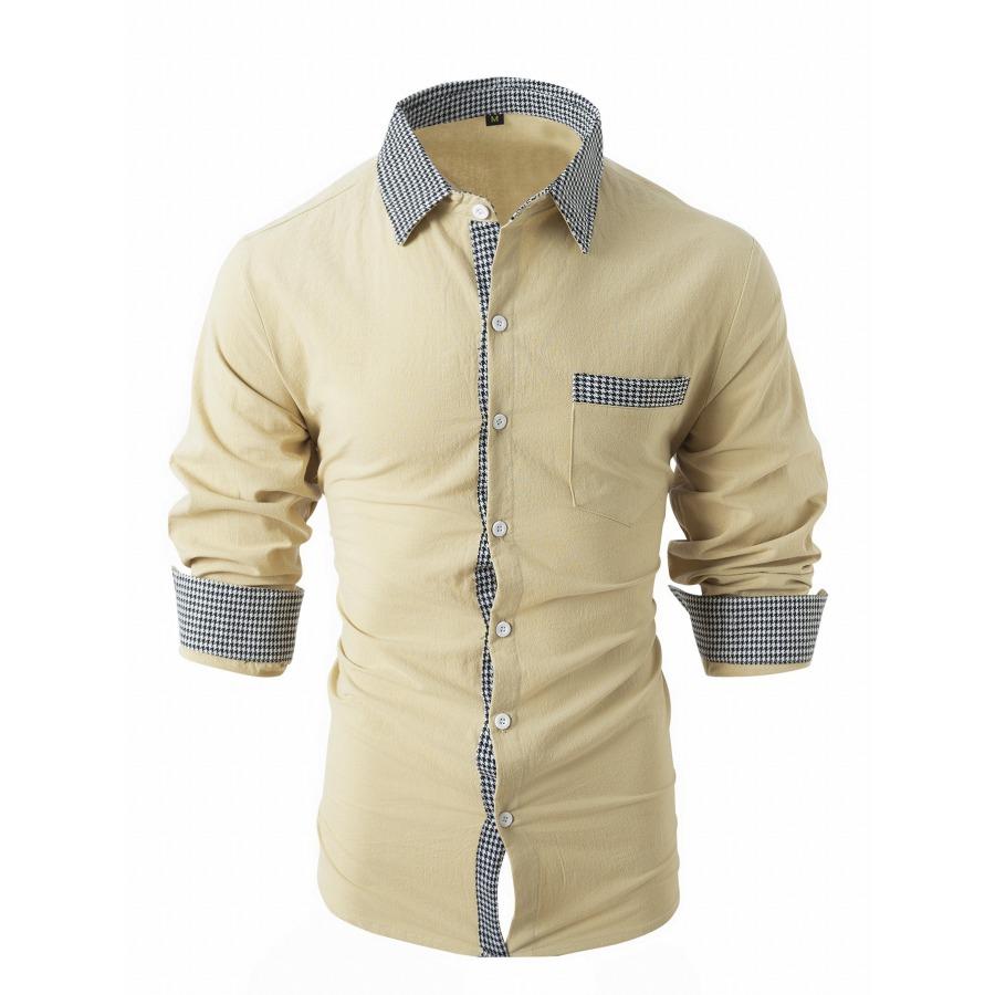 Men Top Spring Autumn Plaid Patchwork Cotton Shirt White Black Blue Loose Classic Shirts Lapel Neck Long Sleeve Shirts