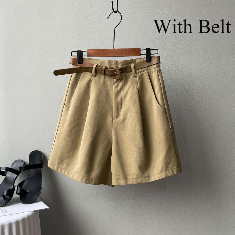 Summer Wide Leg Shorts Women Office High Waist Suit Shorts Beige Oversize Loose Button Solid Classic Casual Shorts With Belt New