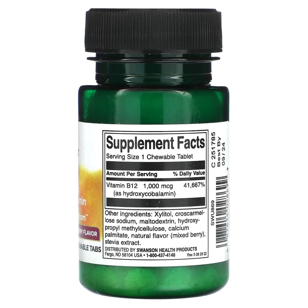 B12 Hydroxocobalamin, Mixed Berry, 1,000Mcg, 60 Chewable Tablets