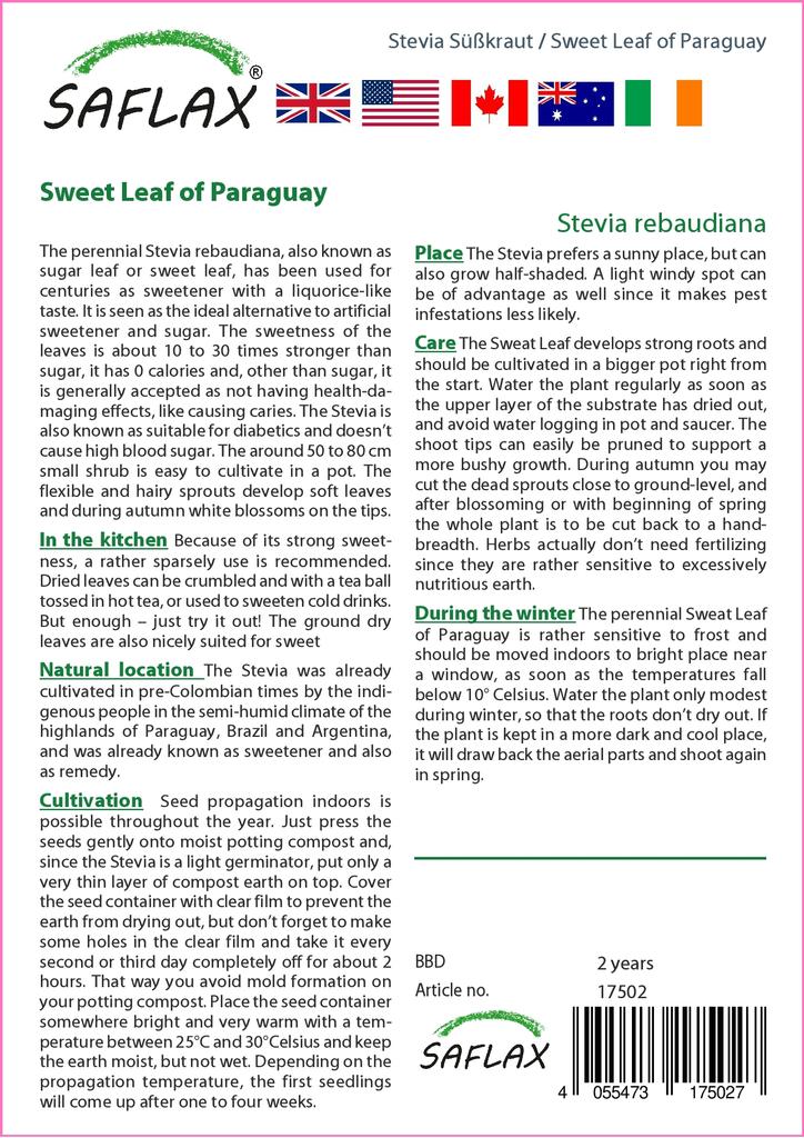 SAFLAX Garden in the Bag - Sweet Leaf of Paraguay - 100 семян - С субстратом в подходящем пакете - Stevia rebaudiana