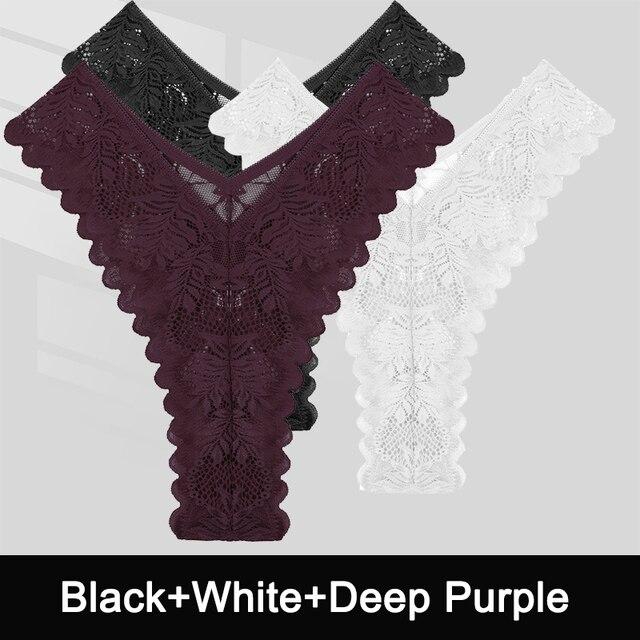 FINTOO 3PCS/Set Sexy V Waist Floral Lace Women Panties Perspective Underwear Thongs Brazilian Briefs Lingerie Comfort Female Underpants