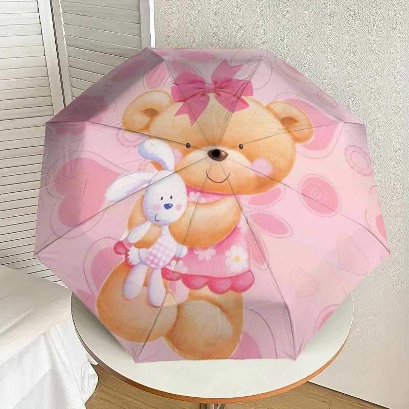 1pc Teddy Bear with Bunny on Pink Floral Background Umbrella with Plastic Handle,Suitable for All Seasons Home Travel Outdoor UmbrellaDD095