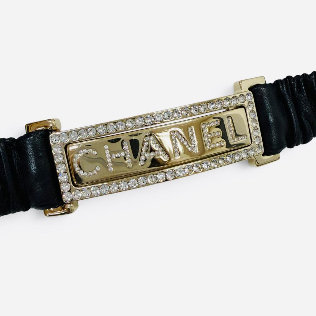 Very Good CHANEL belt Logo buckle, rhinestone leather black leather Women B23C Used