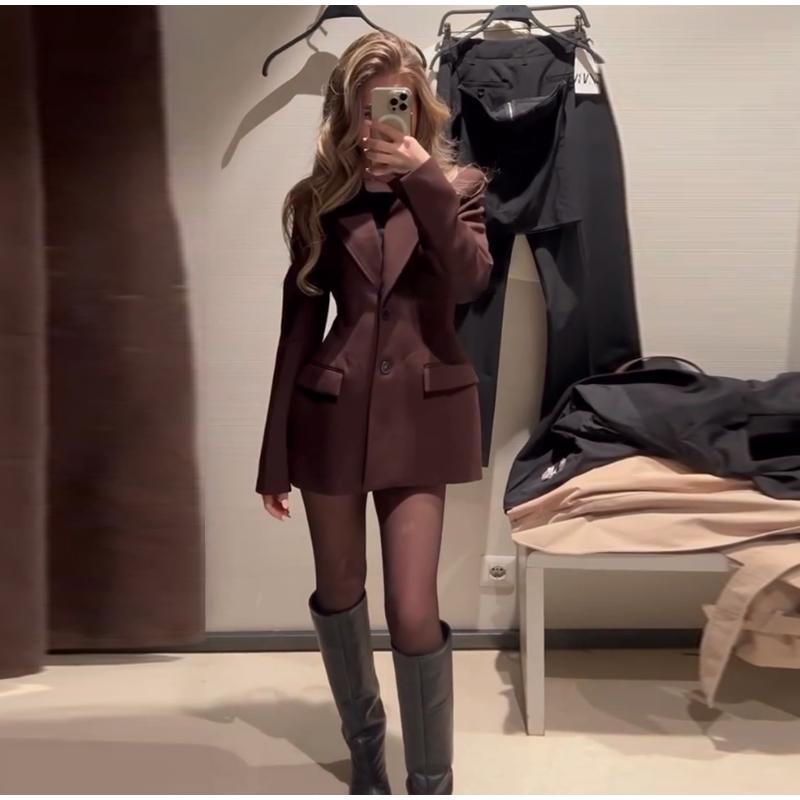 Elegant Blazer Women Fashion Brown Shoulder Pad Cinched Waist Suit Jacket Commute Office Lady Women's Professional Jacket