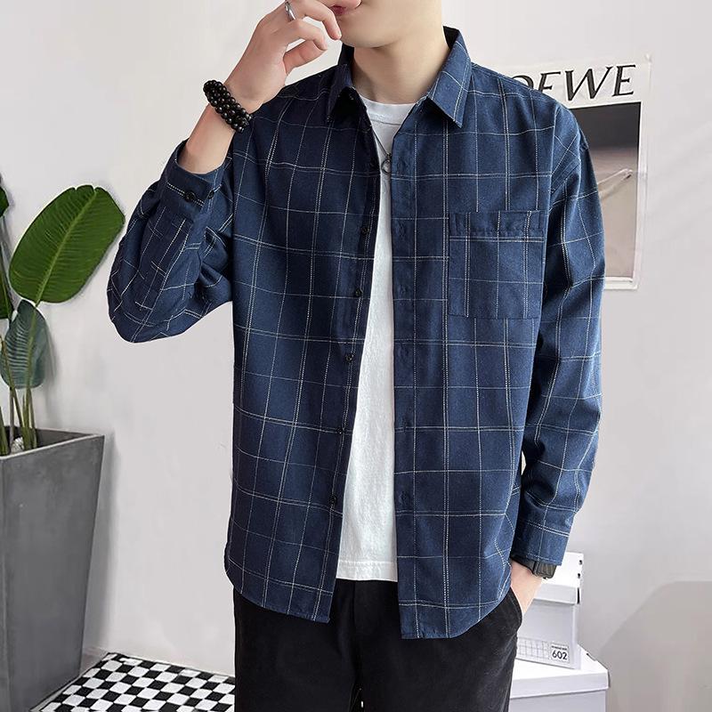 2024 Осень Модная клетчатая рубашка с длинным рукавом унисекс в корейском стиле Свободная повседневная рубашка