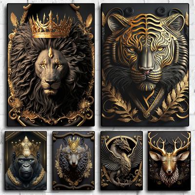 Металлическая Скульптура Король Горилла Холст Живопись Принт Золотой Лев Тигр Олень Бык Постер Искусство Статуя Животного Картина Украшение Стен