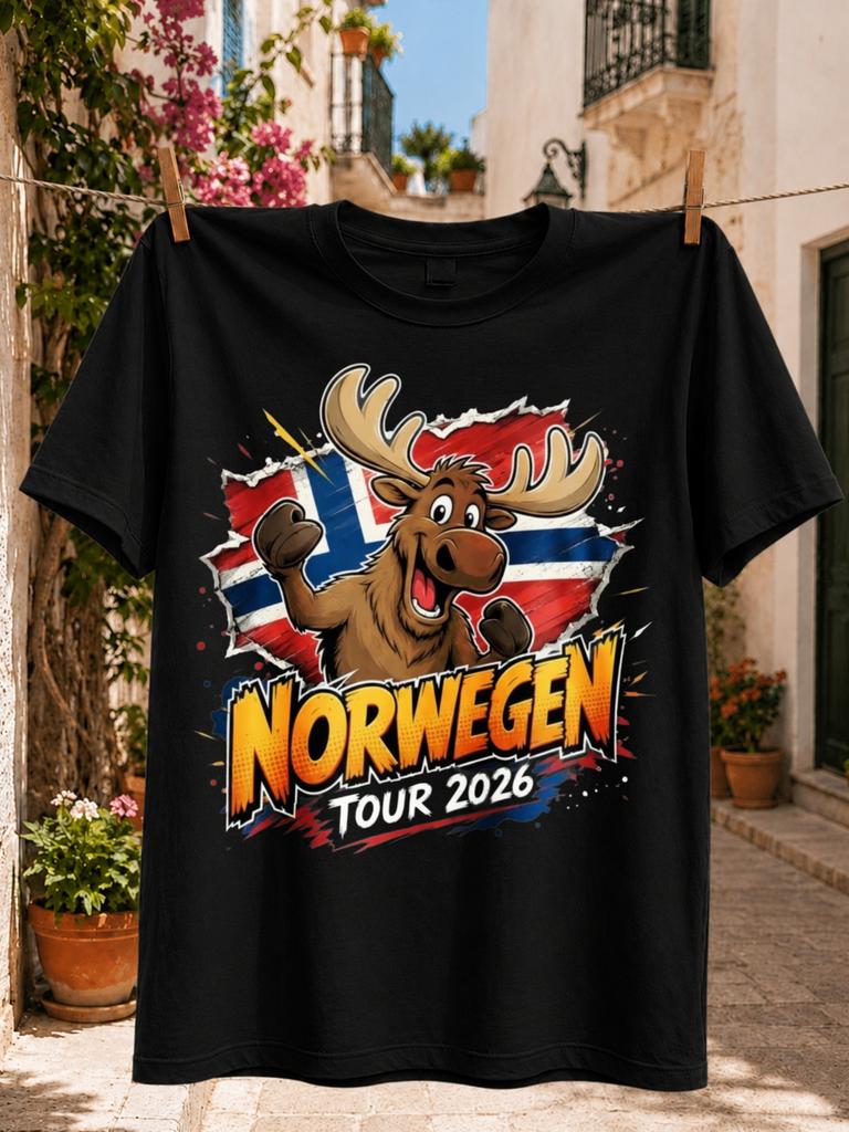 Norway Tour 2026 Graphic Cheerful Cartoon Moose Raising Both Fists Before A Torn Norwegian Flag Unisex All Tshirt