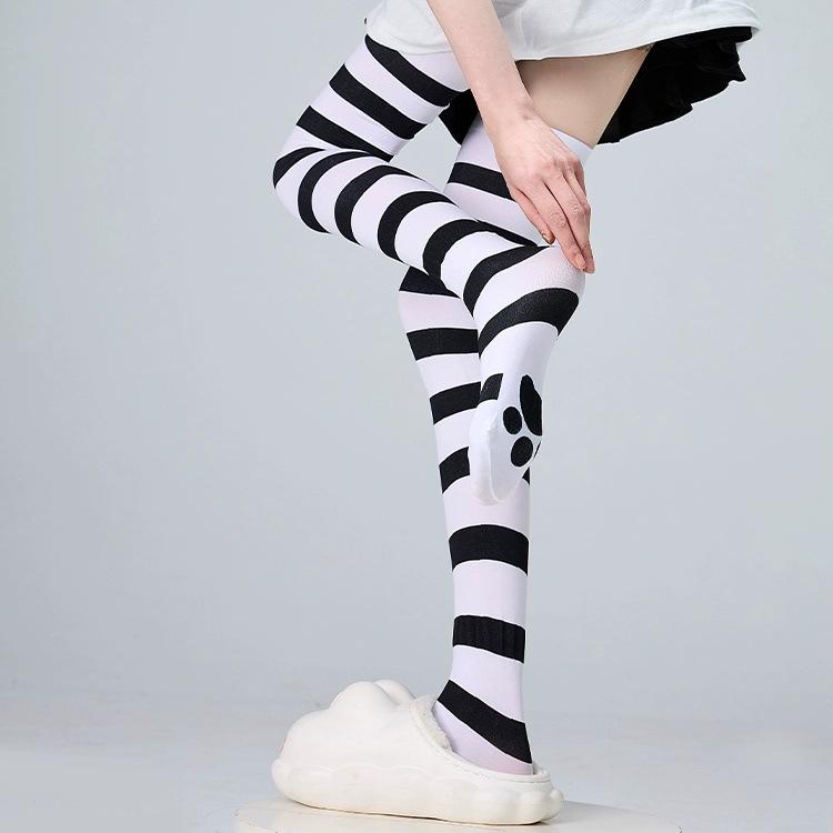 Бархатные полосатые гольфы до бедра с кошачьими лапками - Черный, Розовый, Голубой, Белый - Аниме Косплей Лолита Стиль