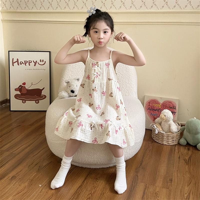 2026 Girls Cotton Gauze Pajama Set Short Sleeve Sleep Dress Cartoon Print Lightweight Home Wear Kids 8