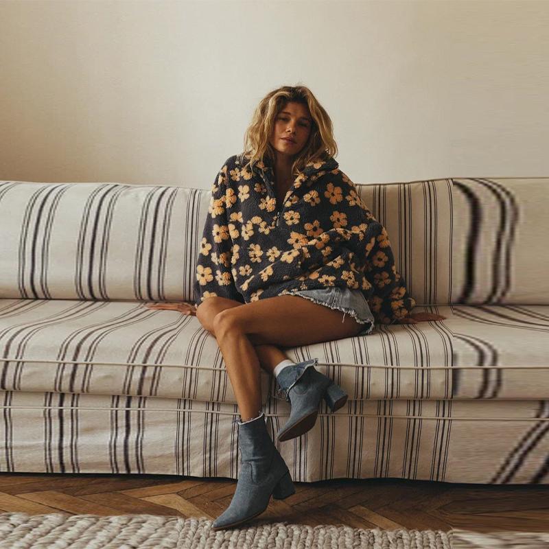 Флисовая толстовка женская с цветочным принтом, теплая, из овечьего флиса, со стойкой воротником, на молнии, свободная, мягкая, пуловер, осень/зима 2025