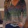 Vibrant Gradient Striped Ethnic Print V-neck Chic Top - Long Sleeve, Casual, Soft, Breathable, Comfortable