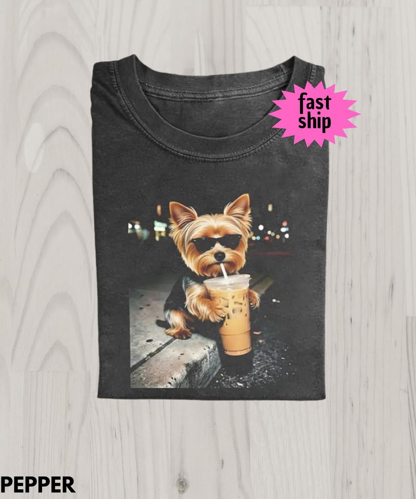 Funny Yorkshire Drinking Iced Coffee T-Shirt,Yorkie Meme Graphic Tee,Dog Owner Gift,Coffee Dog Shirt,Gift For Animal Lover,Funny Dog Shirt